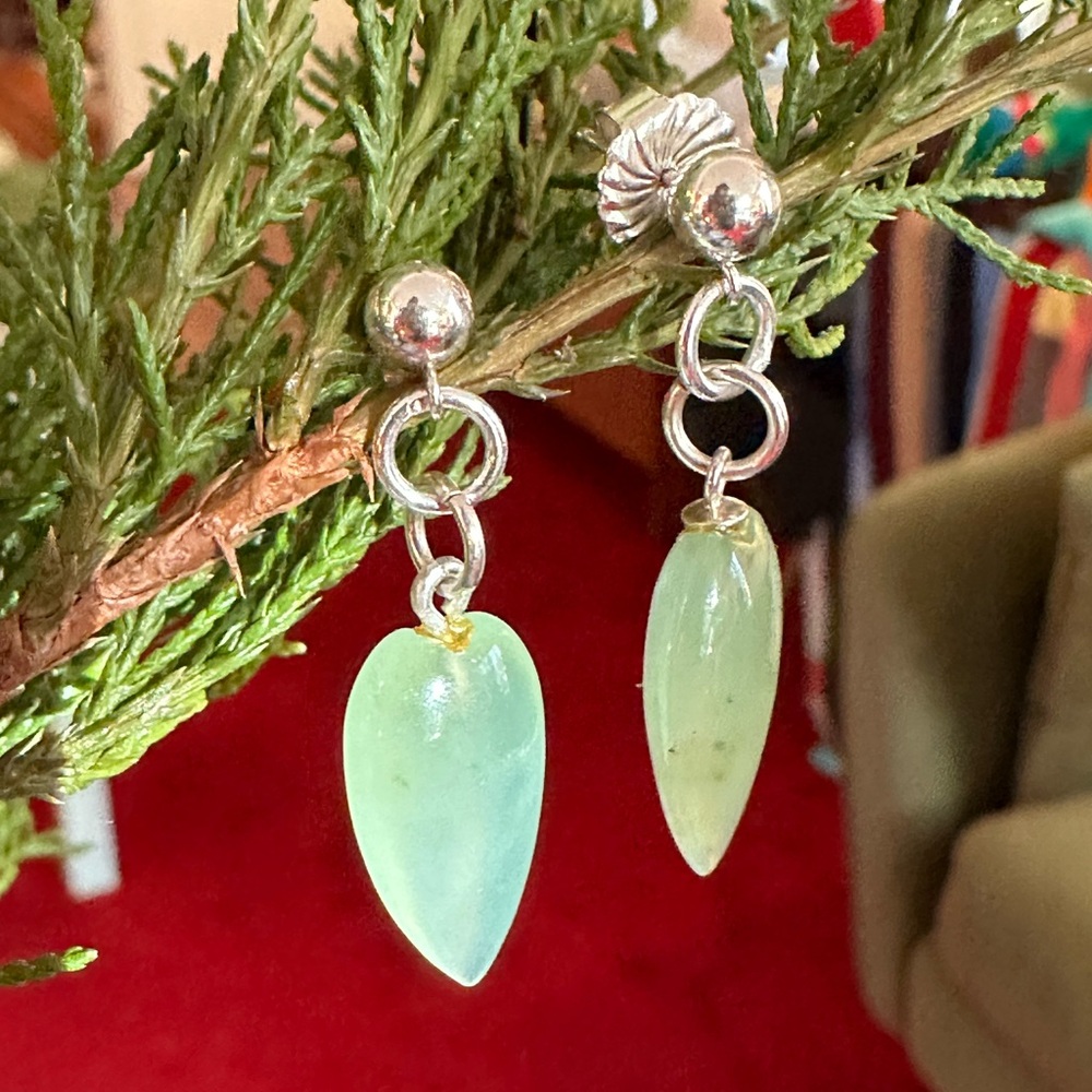 Elegant Sterling Silver and Green Serpentine Earrings